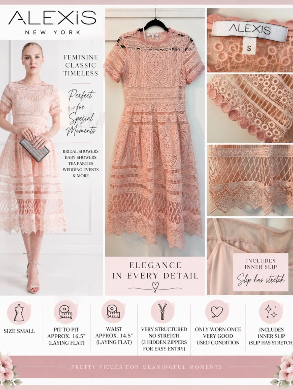 ALEXIS Blush Pink Lace Midi Dress – Size Small